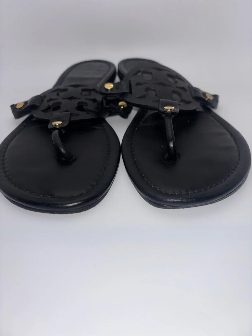 Tory Burch Black Leather Logo Thong Sandals with Gold Studs